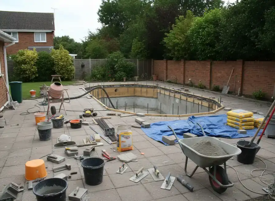 concrete pools brisbane: pool excavation with timber formwork and rebar in a paved backyard beside tools and cement bags