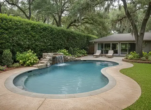 concrete pools brisbane: freeform pool with rock waterfall and stone-edged curved coping beside a house under trees