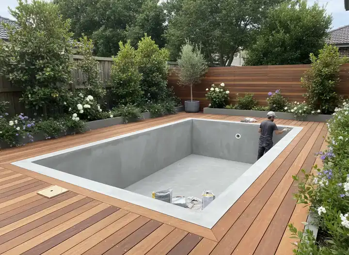 concrete pools brisbane: rectangular grey concrete pool shell beside timber decking, with a worker rendering the wall
