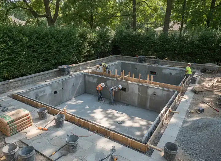 concrete pools brisbane: workers building concrete pool walls within timber formwork in a backyard with tall hedges