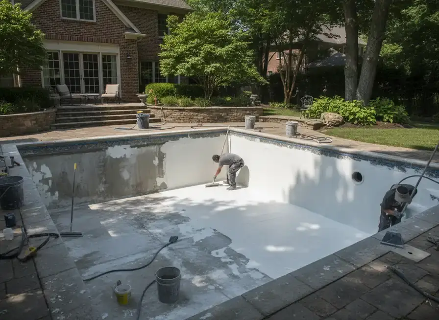 concrete pools brisbane: worker applying white coating to a pool interior where the old surface is peeling, beside a brick house