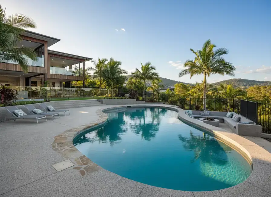 concrete pools brisbane: freeform pool with stone-edged curve beside loungers, a fire bowl and a two-storey house