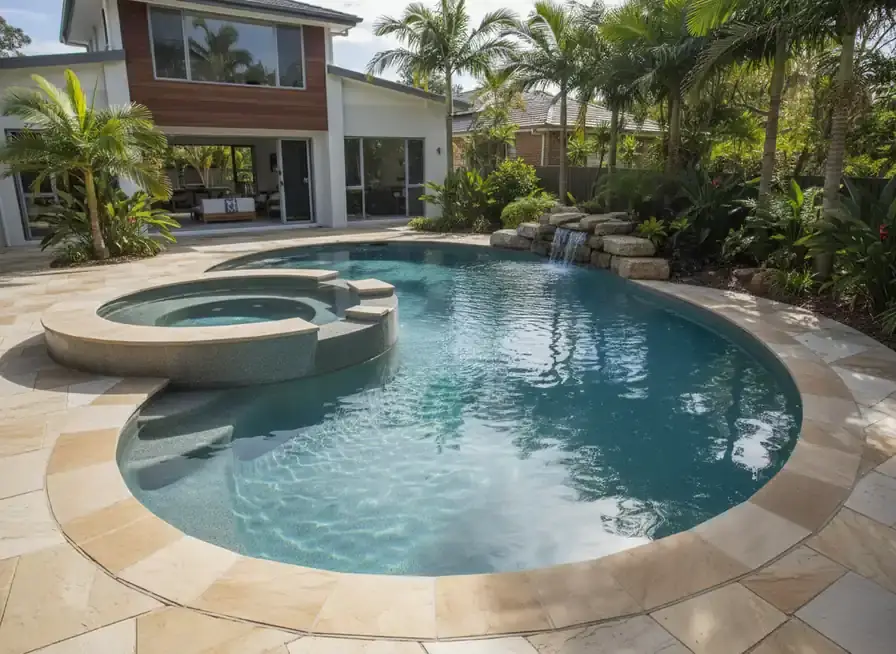 concrete pools brisbane: pool with raised spa, rock waterfall wall and palms beside a timber-clad house