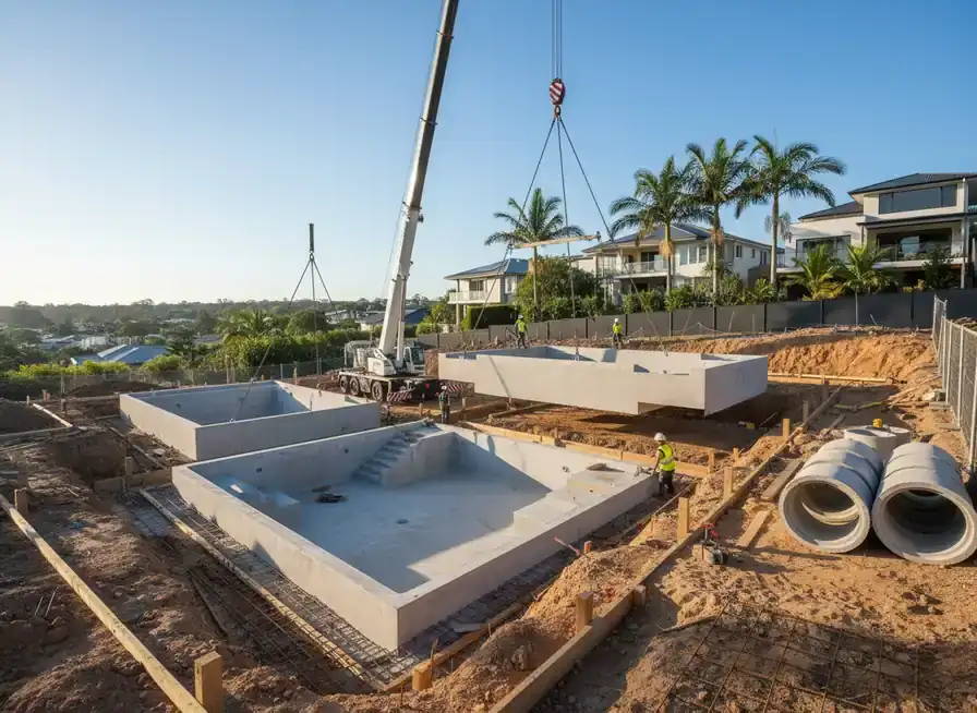 concrete pools brisbane: crane lifting a precast concrete panel over a pool shell on a building site