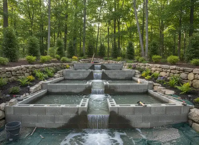 concrete pools brisbane: tiered stacked-block water features with cascading spillways in a wooded garden